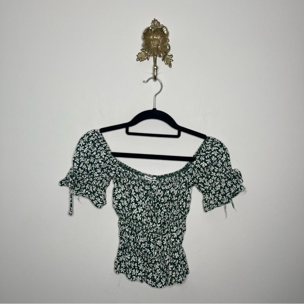 Reformation Green Floral Off-Shoulder Smocked Top